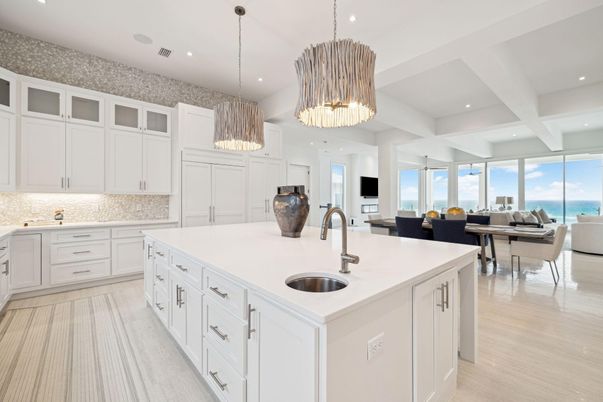 Dining room, Interior, Kitchen, Pendant Lights, Recessed Lighting, Water, Wood Texture Flooring