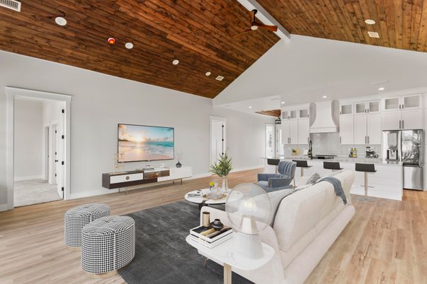 Interior, Kitchen, Living room, Recessed Lighting, Stainless Steel Appliances, Wooden Ceilings, Wood Texture Flooring