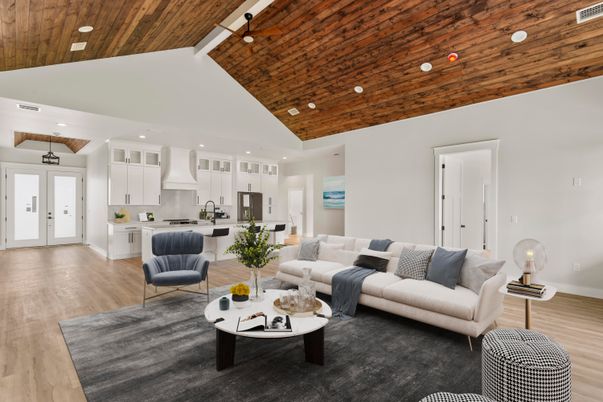 Interior, Kitchen, Living room, Recessed Lighting, Wooden Ceilings, Wood Texture Flooring
