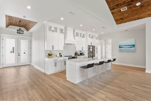 Interior, Kitchen, Recessed Lighting, Wooden Ceilings, Wood Texture Flooring