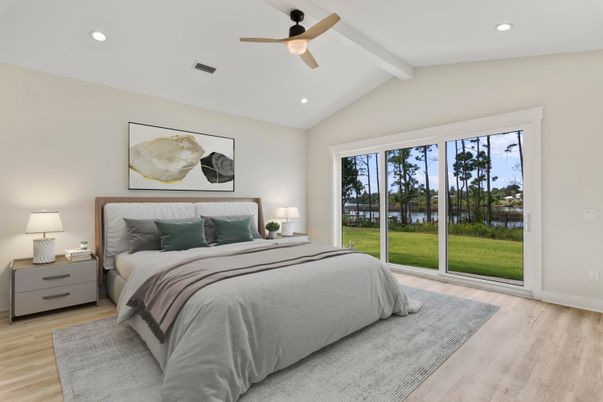 Bedroom, Interior, Recessed Lighting, Wood Texture Flooring