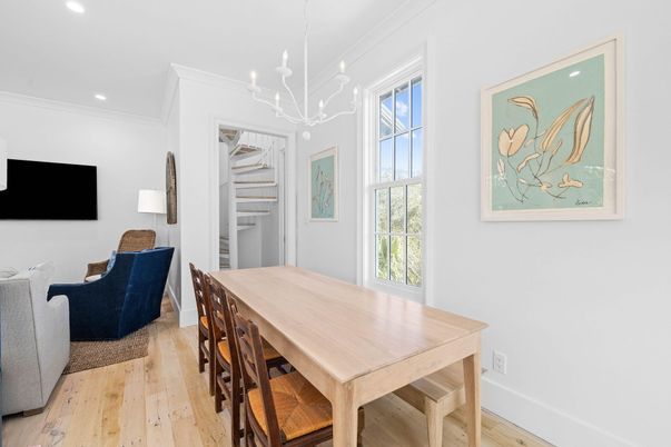 Chandelier, Dining room, Interior, Recessed Lighting, Wood Texture Flooring
