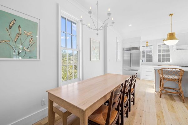 Dining room, Interior, Pendant Lights, Recessed Lighting, Wood Texture Flooring