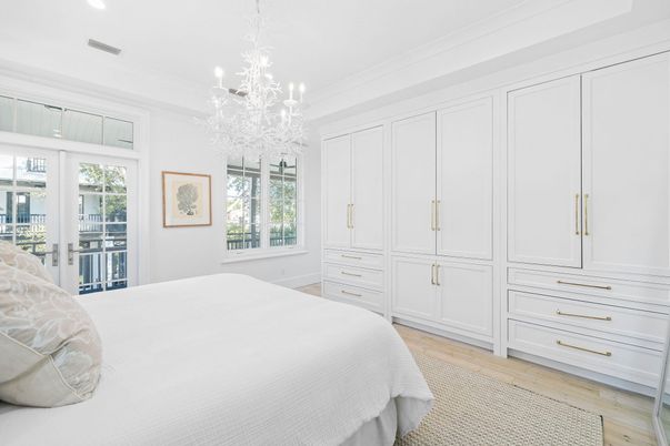 Bedroom, Chandelier, Interior, Recessed Lighting, Wood Texture Flooring