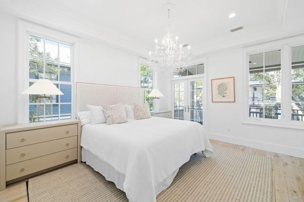 Bedroom, Chandelier, Interior, Recessed Lighting, Wood Texture Flooring