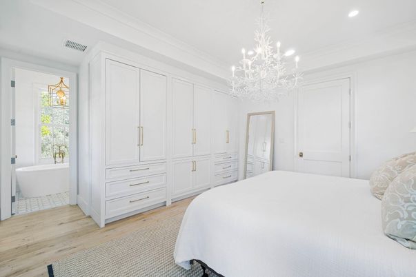 Bedroom, Chandelier, Interior, Recessed Lighting, Wood Texture Flooring