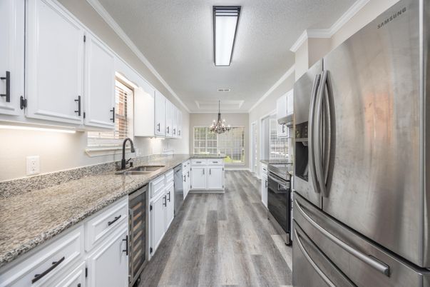 Chandelier, Interior, Kitchen, Stainless Steel Appliances, Wood Texture Flooring