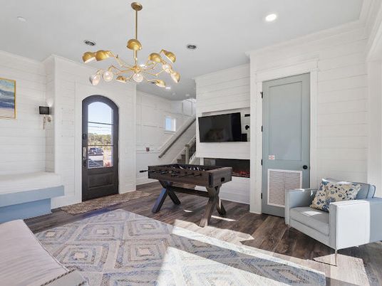 Billiard Table, Game Room, Interior, Pendant Lights, Recessed Lighting, Wood Texture Flooring
