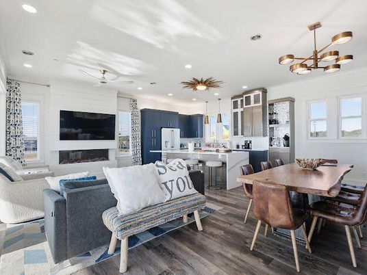 Dining room, Fireplace, Interior, Kitchen, Living room, Pendant Lights, Recessed Lighting, Stainless Steel Appliances, Wood Texture Flooring