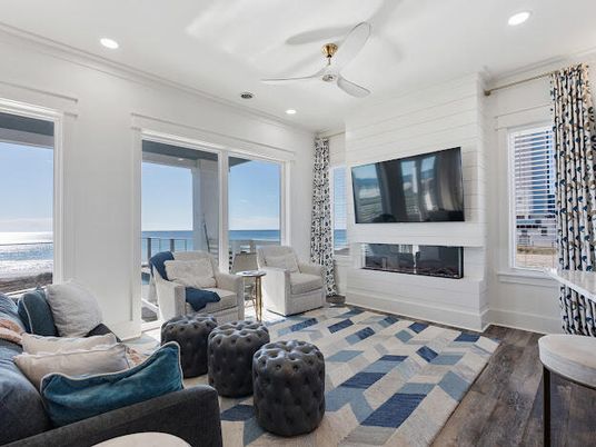 Fireplace, Interior, Living room, Recessed Lighting, Water, Wood Texture Flooring