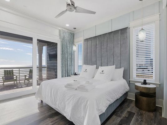 Bedroom, Interior, Pendant Lights, Recessed Lighting, Water, Wood Texture Flooring