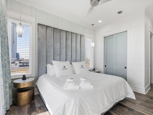 Bedroom, Interior, Pendant Lights, Recessed Lighting, Wood Texture Flooring