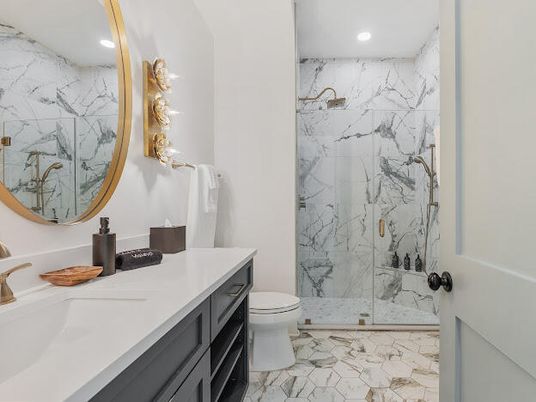 Bathroom, Glass Shower, Interior, Marble, Marble Walls, Recessed Lighting