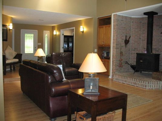 Fireplace, Interior, Living room, Stone Walls, Wood Texture Flooring