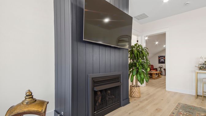 Fireplace, Interior, Recessed Lighting, Wood Texture Flooring