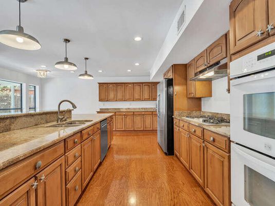 Interior, Kitchen, Pendant Lights, Recessed Lighting, Wood Texture Flooring