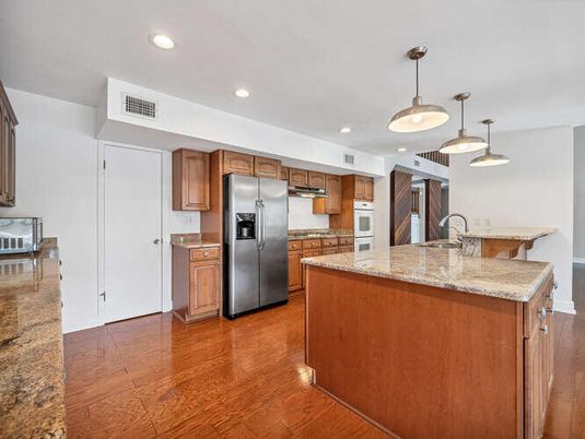Interior, Kitchen, Pendant Lights, Recessed Lighting, Stainless Steel Appliances, Wood Texture Flooring