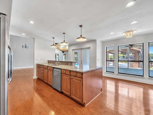 Interior, Kitchen, Pendant Lights, Recessed Lighting, Stainless Steel Appliances, Wood Texture Flooring