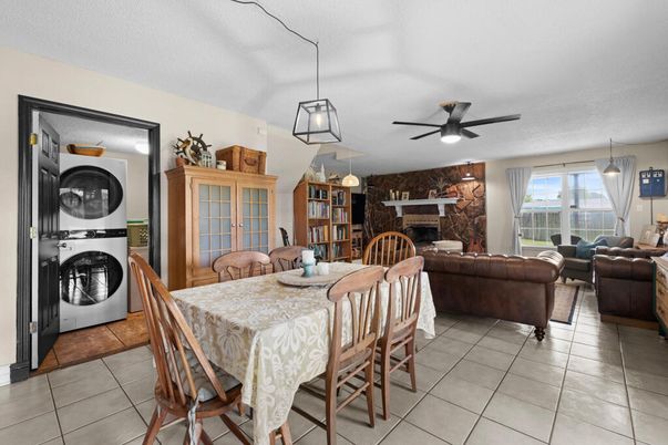 Dining room, Fireplace, Interior, Living room, Pendant Lights, Stone Walls, Washer