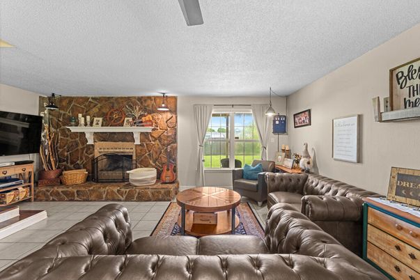 Fireplace, Interior, Living room, Pendant Lights, Stone Walls