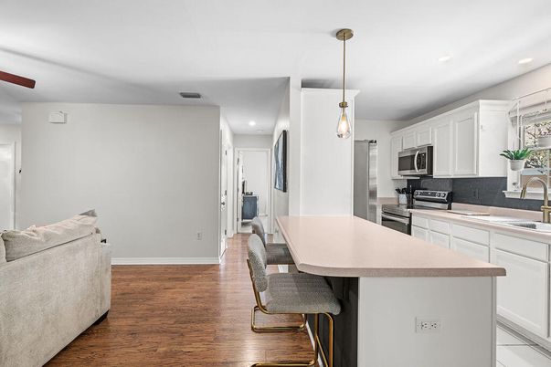 Interior, Kitchen, Pendant Lights, Recessed Lighting, Stainless Steel Appliances, Wood Texture Flooring