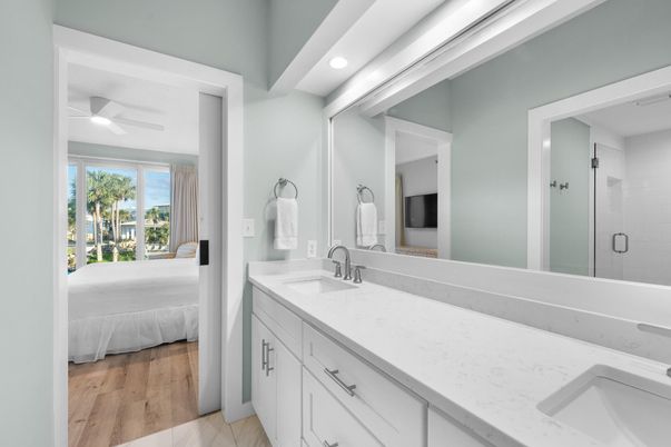 Bathroom, Bedroom, Dual Sink Vanities, Interior, Recessed Lighting, Wood Texture Flooring