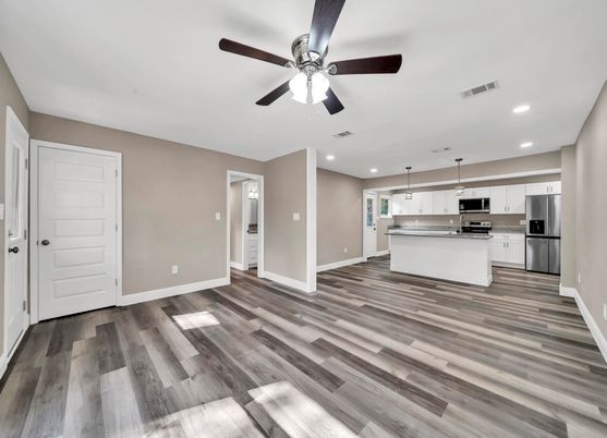 Interior, Kitchen, Pendant Lights, Recessed Lighting, Stainless Steel Appliances, Wood Texture Flooring