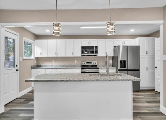 Interior, Kitchen, Pendant Lights, Recessed Lighting, Stainless Steel Appliances, Wood Texture Flooring