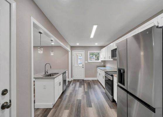 Interior, Kitchen, Pendant Lights, Recessed Lighting, Stainless Steel Appliances, Wood Texture Flooring
