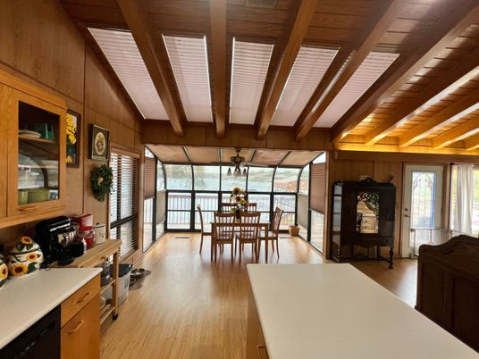Chandelier, Dining room, Interior, Wooden Beams, Wooden Ceilings, Wood Texture Flooring