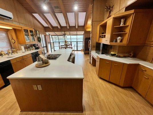 Interior, Kitchen, Pendant Lights, Wooden Beams, Wood Texture Flooring