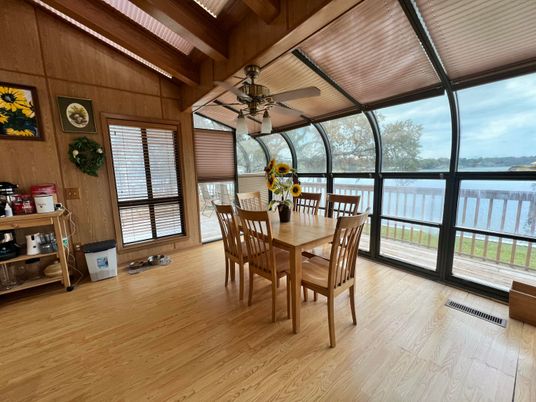 Dining room, Interior, Sun Room, Water, Wooden Beams, Wooden Ceilings, Wood Texture Flooring