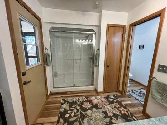 Bathroom, Glass Shower, Interior, Wood Texture Flooring