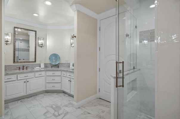 Bathroom, Dual Sink Vanities, Glass Shower, Interior, Marble, Recessed Lighting