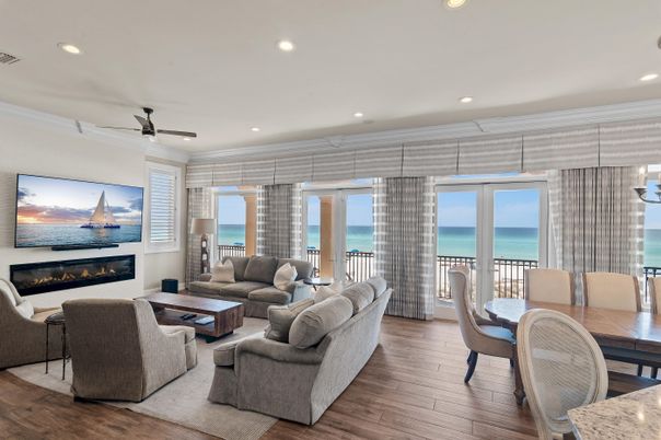 Dining room, Fireplace, Interior, Living room, Recessed Lighting, Water, Wood Texture Flooring