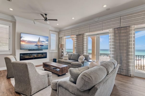 Fireplace, Interior, Living room, Recessed Lighting, Water, Wood Texture Flooring