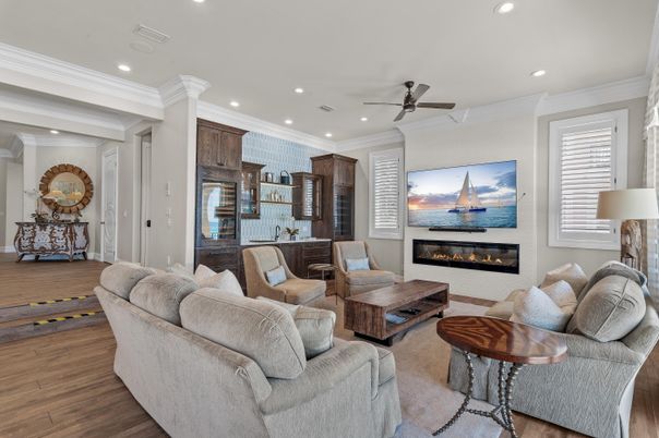 Dining room, Fireplace, Interior, Kitchen, Living room, Recessed Lighting, Wood Texture Flooring