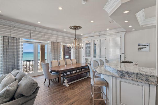 Chandelier, Dining room, Interior, Kitchen, Living room, Recessed Lighting, Water, Wood Texture Flooring