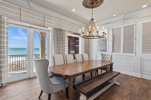 Chandelier, Dining room, Interior, Recessed Lighting, Water, Wood Texture Flooring