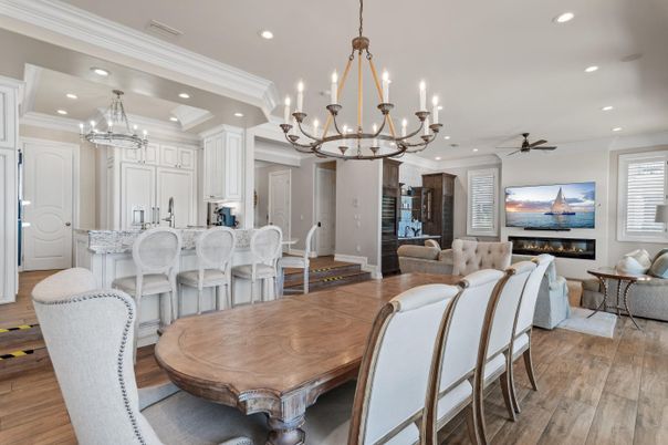 Chandelier, Dining room, Fireplace, Interior, Kitchen, Living room, Recessed Lighting, Wood Texture Flooring