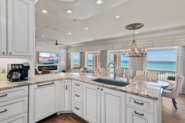 Chandelier, Dining room, Interior, Kitchen, Recessed Lighting, Water, Wood Texture Flooring