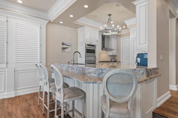 Chandelier, Interior, Kitchen, Recessed Lighting, Stainless Steel Appliances, Wood Texture Flooring