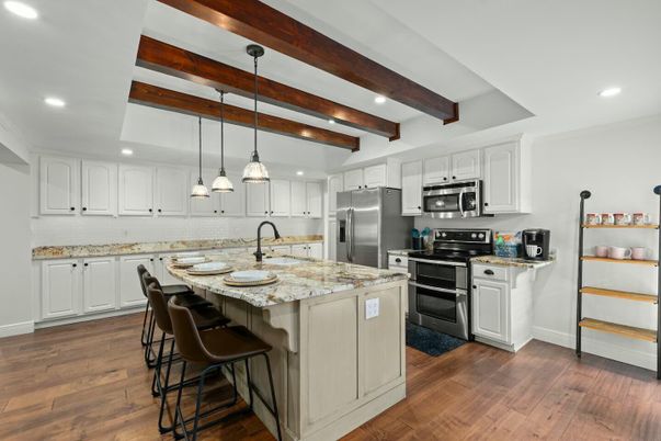 Interior, Kitchen, Pendant Lights, Recessed Lighting, Stainless Steel Appliances, Wooden Beams, Wood Texture Flooring