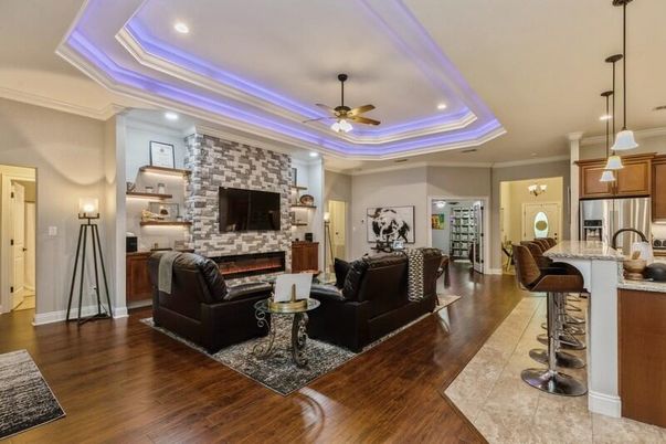 Fireplace, Interior, Kitchen, Living room, Pendant Lights, Recessed Lighting, Stone Walls, Wood Texture Flooring