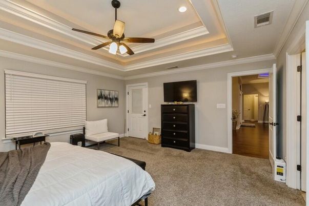 Bedroom, Interior, Recessed Lighting, Wood Texture Flooring