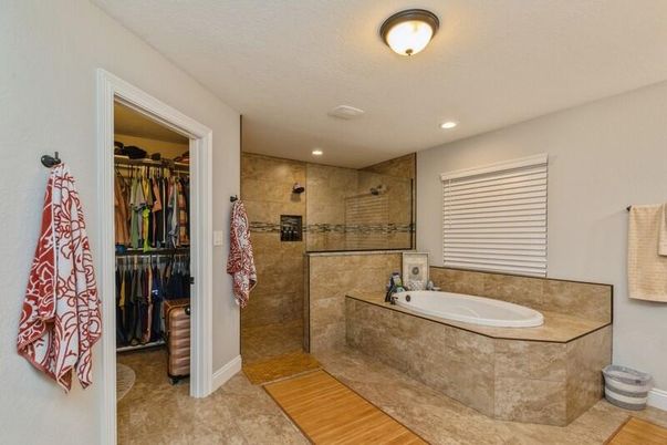 Bathroom, Glass Shower, Interior, Recessed Lighting, Wood Texture Flooring