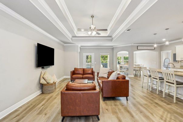 Dining room, Interior, Living room, Pendant Lights, Recessed Lighting, Wood Texture Flooring