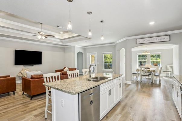 Dining room, Interior, Kitchen, Living room, Pendant Lights, Recessed Lighting, Wood Texture Flooring