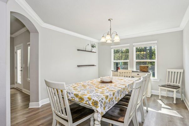 Chandelier, Dining room, Interior, Wood Texture Flooring