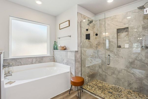 Bathroom, Glass Shower, Interior, Marble Walls, Recessed Lighting, Wood Texture Flooring